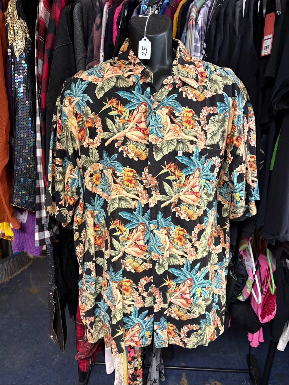 Robert Graham Black Hawaiian Button-Down Shirt with Blue and Tan Tropical Print